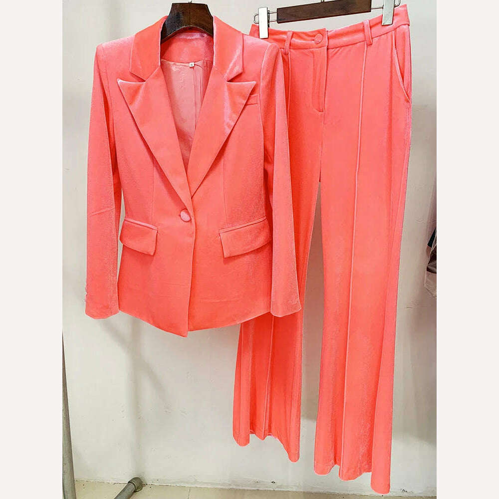 KIMLUD, HIGH STREET 2024 Autumn Winter Designer Runway Suit Set Women's Single Button Velvet Blazer Jacket Flare Pants Suit, Pink / S, KIMLUD Womens Clothes