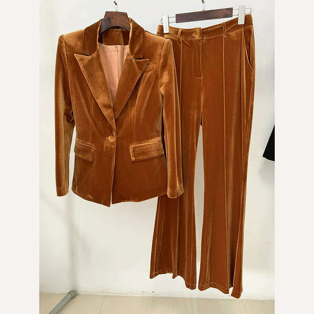 KIMLUD, HIGH STREET 2024 Autumn Winter Designer Runway Suit Set Women's Single Button Velvet Blazer Jacket Flare Pants Suit, Brown / XXXL, KIMLUD Womens Clothes