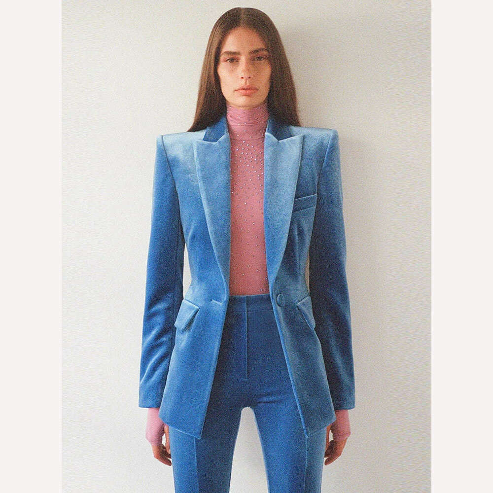 KIMLUD, HIGH STREET 2024 Autumn Winter Designer Runway Suit Set Women's Single Button Velvet Blazer Jacket Flare Pants Suit, Blue / XXL, KIMLUD Womens Clothes