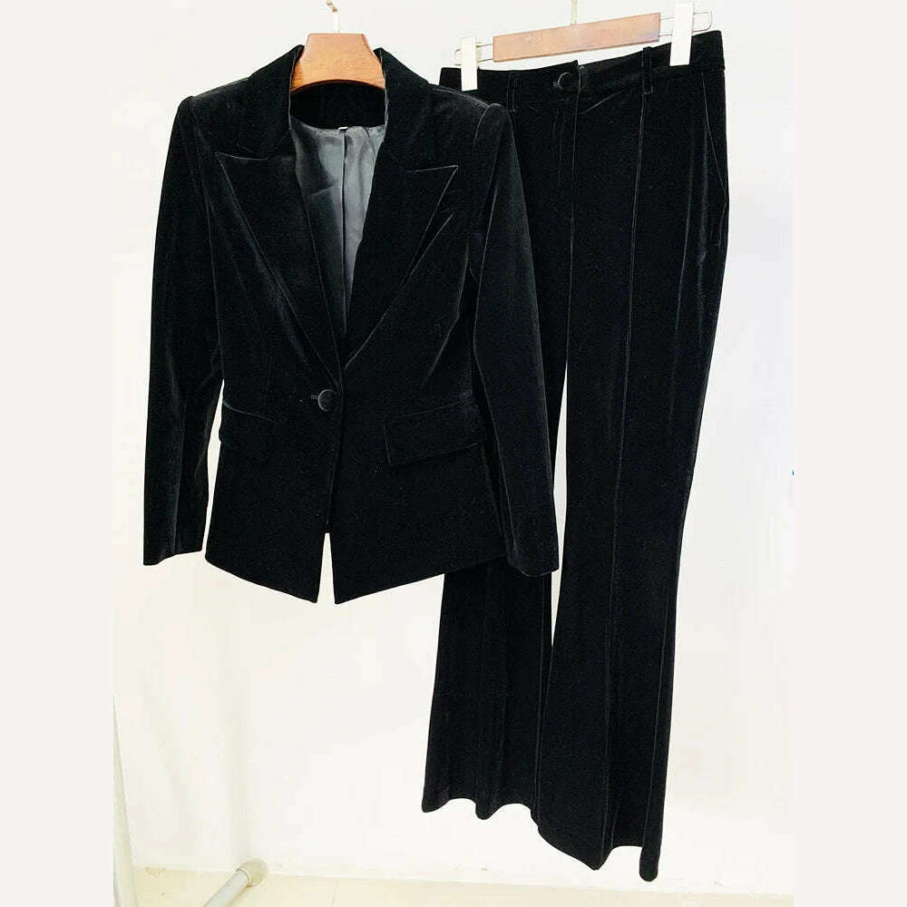 KIMLUD, HIGH STREET 2024 Autumn Winter Designer Runway Suit Set Women's Single Button Velvet Blazer Jacket Flare Pants Suit, Black / XL, KIMLUD Womens Clothes