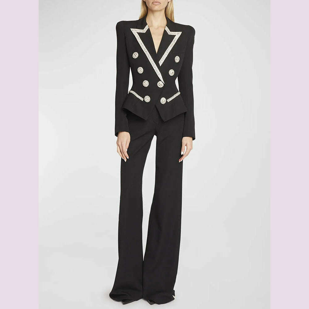 KIMLUD, HIGH STREET Newest 2024 Designer Jacket Women's Diamonds Crystal Beaded Blazer Straight Pants, KIMLUD Womens Clothes