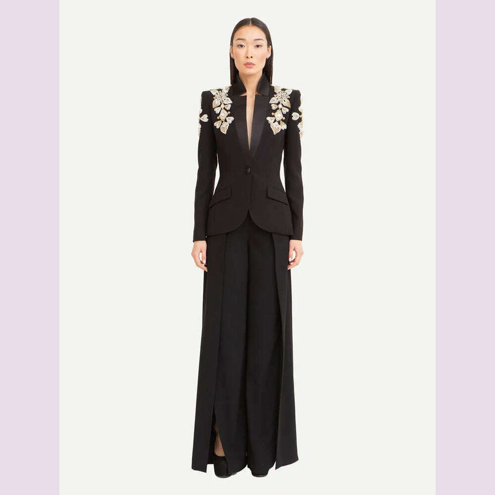 KIMLUD, HIGH STREET Newest 2024 Designer Suit Women Beaded Diamonds Stand Collar Single Button Blazer Wide-leg Pants Set 2PCS, KIMLUD Womens Clothes