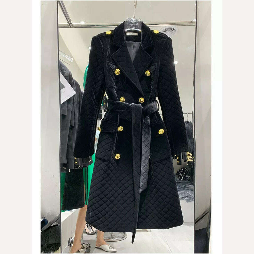 KIMLUD, HIGH STREET Newest Fashion 2022 Designer Overcoat Women's Double Breasted Plaid Belted  Velvet  Long Coat, KIMLUD Women's Clothes