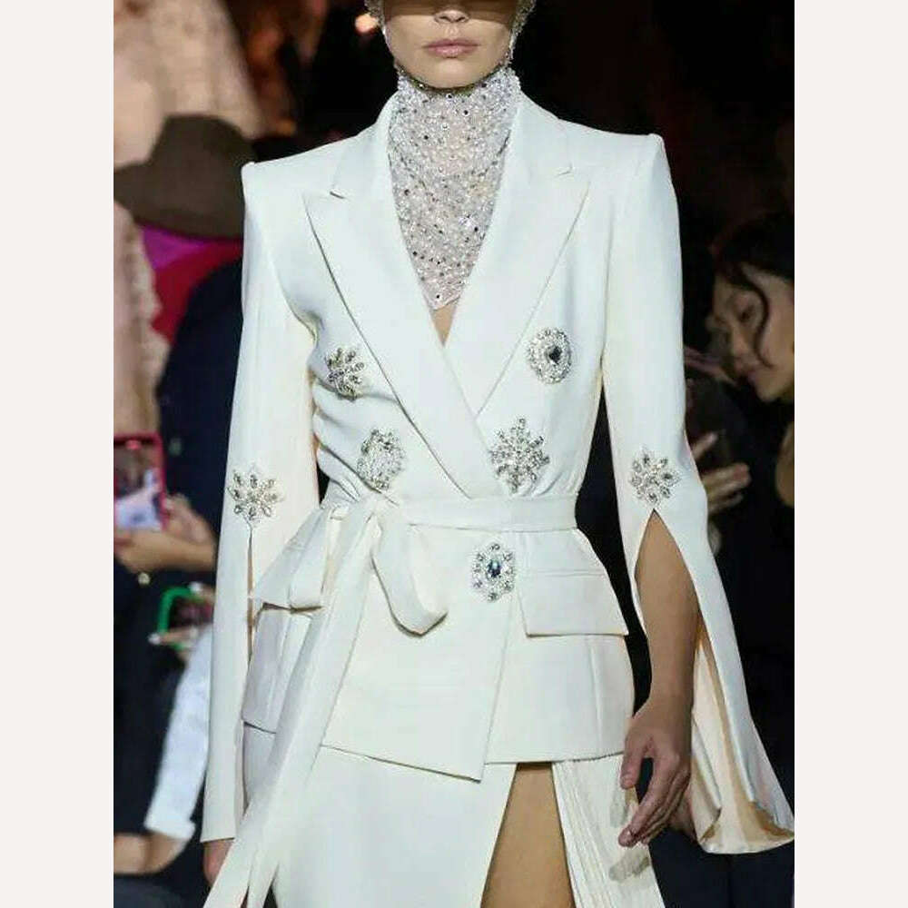 KIMLUD, HIGH STREET Newest Fashion 2023 Designer Jacket Women's Slit Sleeve Rhinestone Diamonds Beading Belted Blazer, KIMLUD Women's Clothes