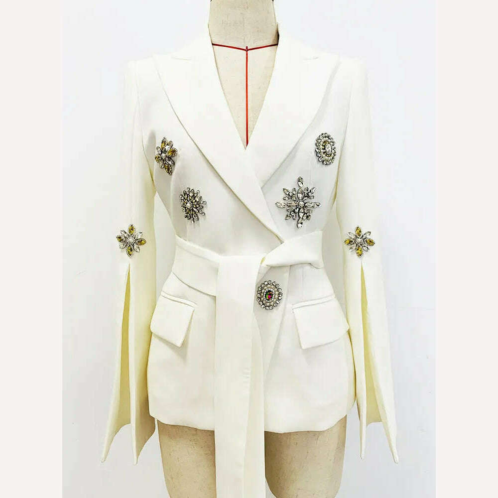 KIMLUD, HIGH STREET Newest Fashion 2023 Designer Jacket Women's Slit Sleeve Rhinestone Diamonds Beading Belted Blazer, White / S, KIMLUD Womens Clothes