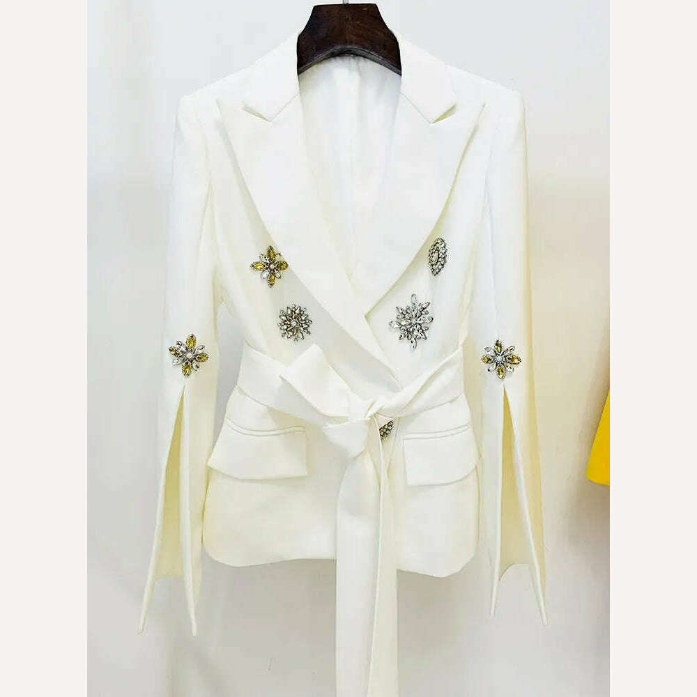 KIMLUD, HIGH STREET Newest Fashion 2023 Designer Jacket Women's Slit Sleeve Rhinestone Diamonds Beading Belted Blazer, KIMLUD Womens Clothes
