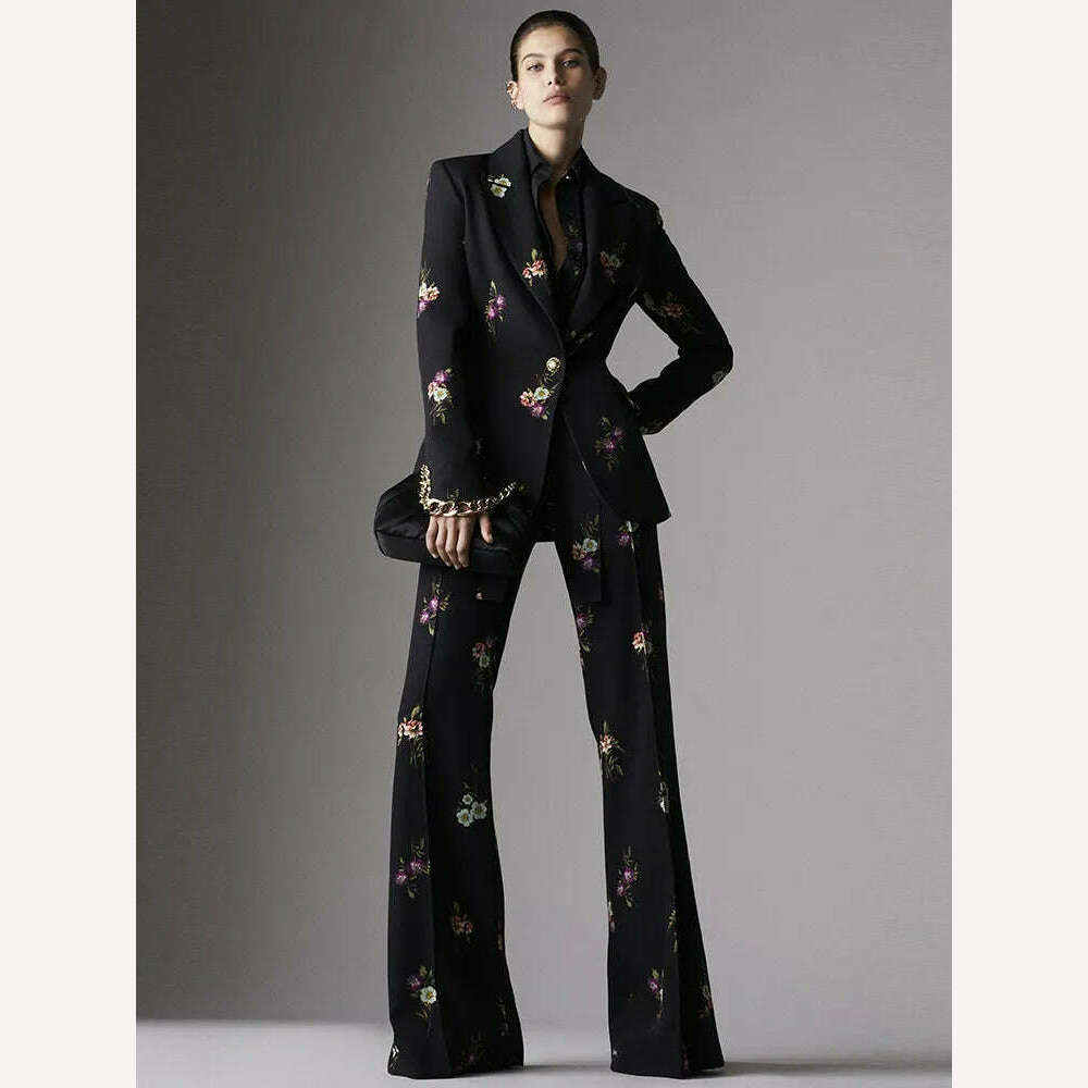 KIMLUD, HIGH STREET Newest Fashion 2023 Designer Suit Set Women's Elegant Floral Printed Single Button Blazer Flare Pants Suit 2pcs, KIMLUD Women's Clothes