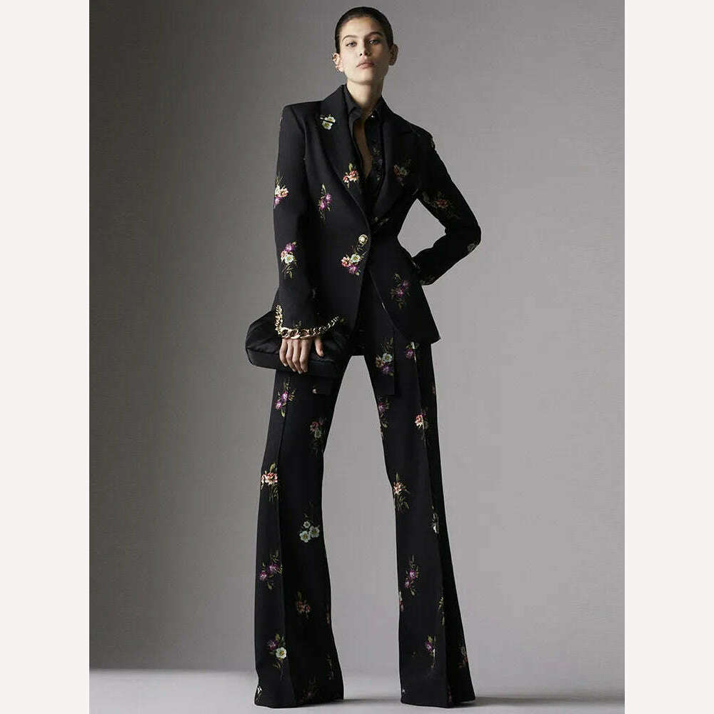 KIMLUD, HIGH STREET Newest Fashion 2023 Designer Suit Set Women's Elegant Floral Printed Single Button Blazer Flare Pants Suit 2pcs, White / S, KIMLUD APPAREL - Womens Clothes