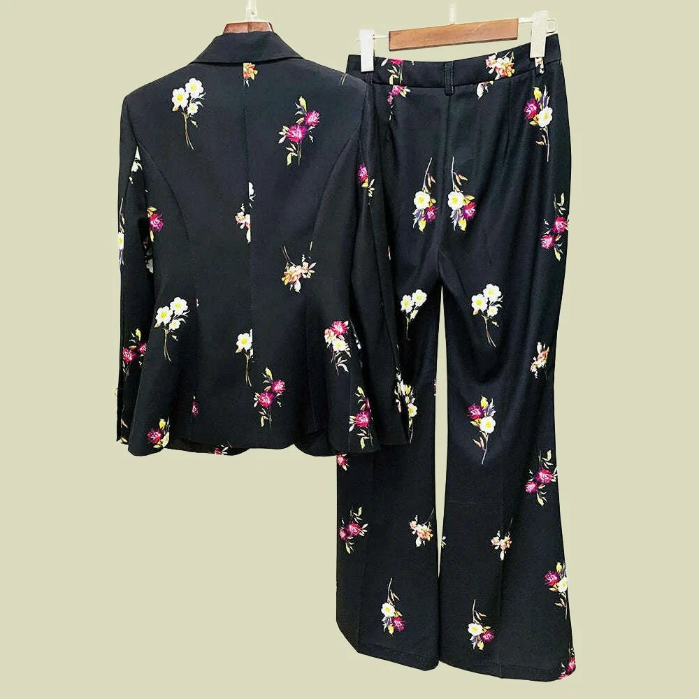 KIMLUD, HIGH STREET Newest Fashion 2023 Designer Suit Set Women's Elegant Floral Printed Single Button Blazer Flare Pants Suit 2pcs, KIMLUD Womens Clothes