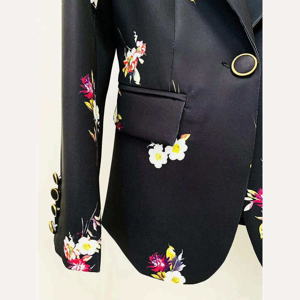 KIMLUD, HIGH STREET Newest Fashion 2023 Designer Suit Set Women's Elegant Floral Printed Single Button Blazer Flare Pants Suit 2pcs, KIMLUD Women's Clothes