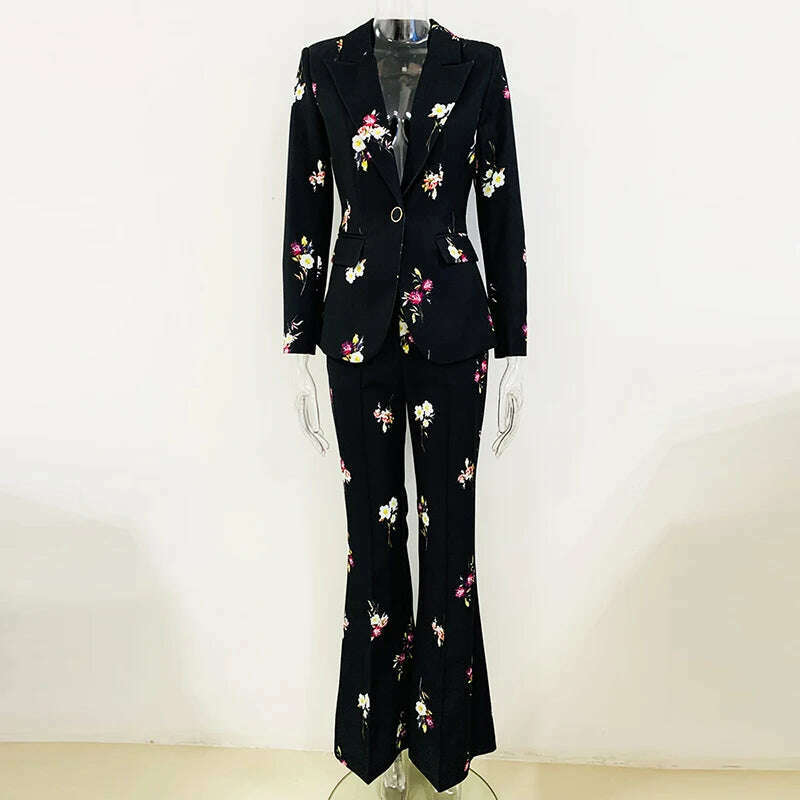 KIMLUD, HIGH STREET Newest Fashion 2023 Designer Suit Set Women's Elegant Floral Printed Single Button Blazer Flare Pants Suit 2pcs, White / S, KIMLUD Womens Clothes