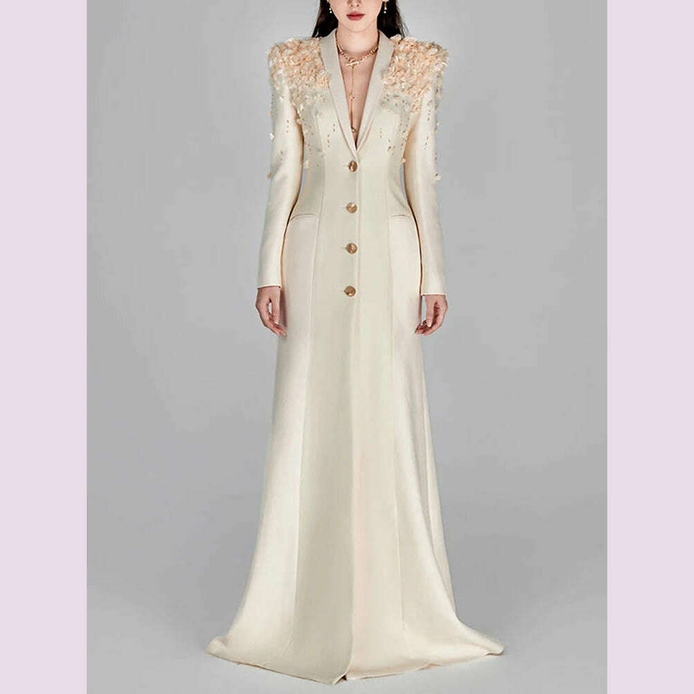 KIMLUD, HIGH STREET Newest Fashion 2024 Designer Maxi Dresses Women's Long Sleeve Stunning Flowers Appliques Beaded Long Dress, KIMLUD Womens Clothes
