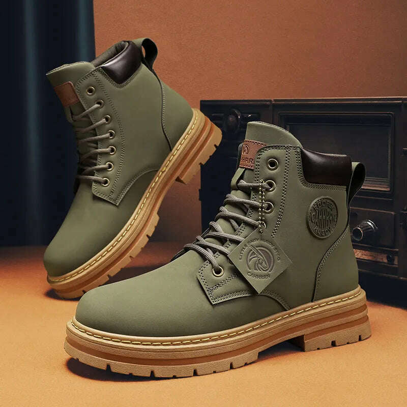 High Top Boots Men Leather Shoes Fashion Motorcycle Ankle Military Boots For Men Winter Boots Man Shoes Lace-Up Botas Hombre - KIMLUD