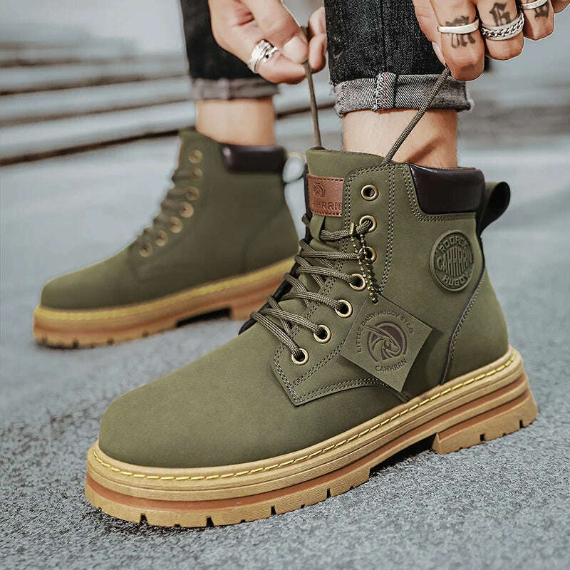 KIMLUD, High Top Boots Men Leather Shoes Fashion Motorcycle Ankle Military Boots For Men Winter Boots Man Shoes Lace-Up Botas Hombre, KIMLUD Womens Clothes