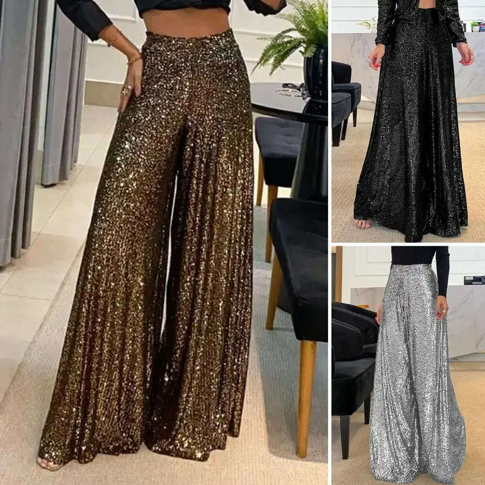 High Waist Elastic Waistband Straight Full Length Women Pants Club Night Sequins Loose Wide Leg Pants - KIMLUD