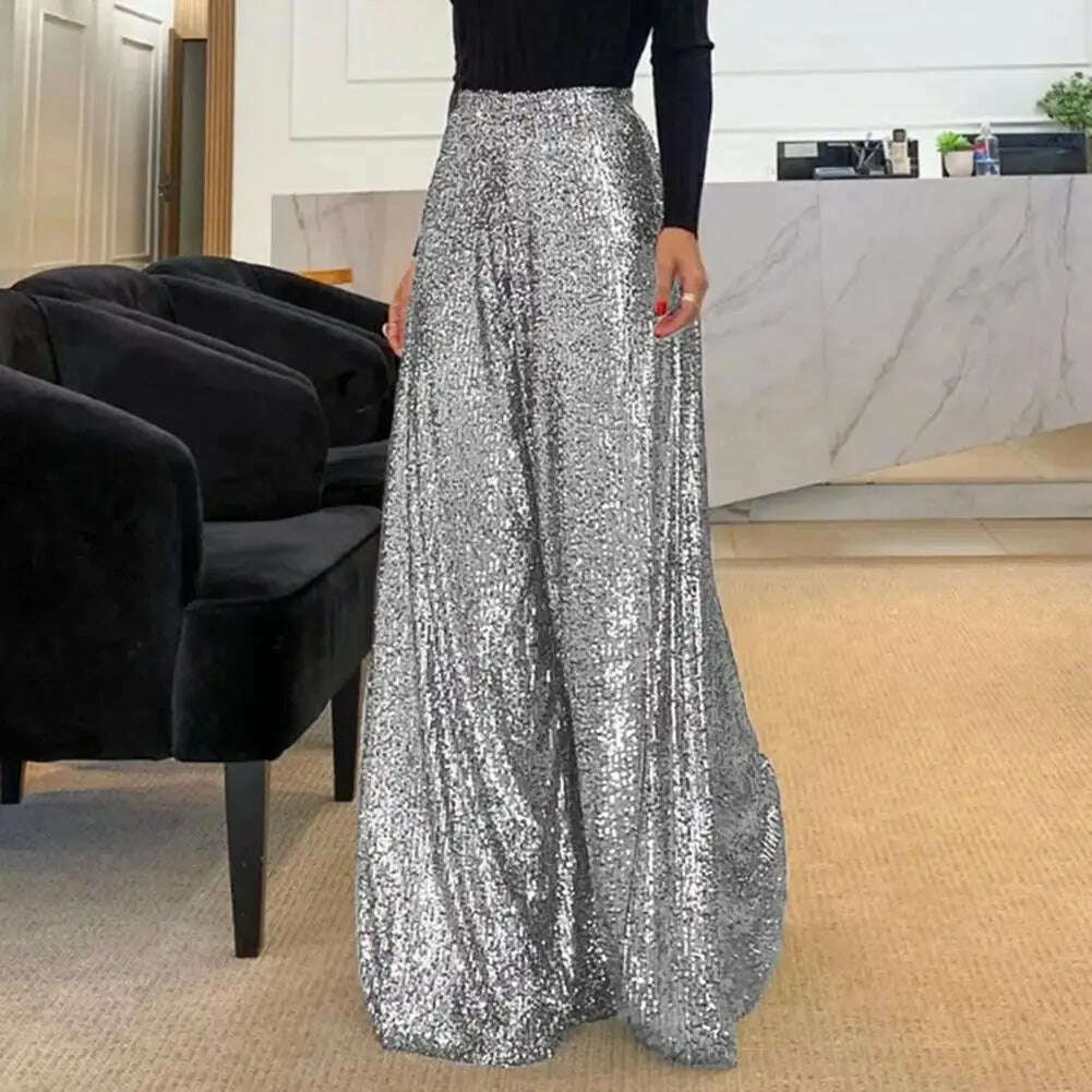 KIMLUD, High Waist Elastic Waistband Straight Full Length Women Pants Club Night Sequins Loose Wide Leg Pants, KIMLUD Womens Clothes