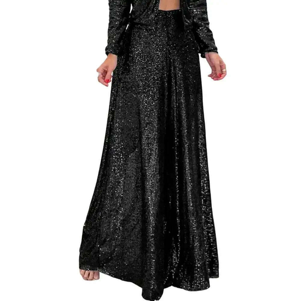 KIMLUD, High Waist Elastic Waistband Straight Full Length Women Pants Club Night Sequins Loose Wide Leg Pants, black / S, KIMLUD Womens Clothes