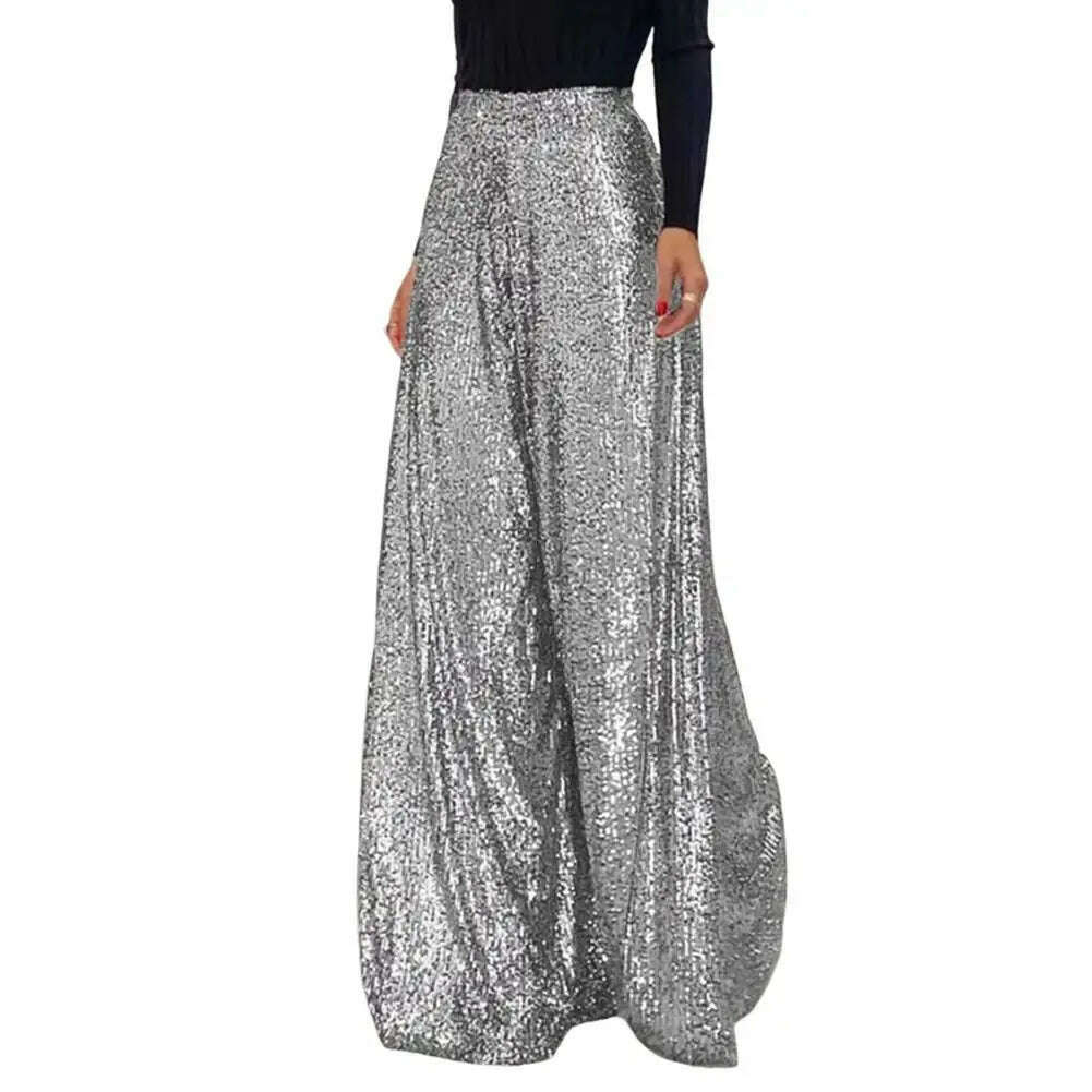 KIMLUD, High Waist Elastic Waistband Straight Full Length Women Pants Club Night Sequins Loose Wide Leg Pants, Silver / M, KIMLUD Womens Clothes