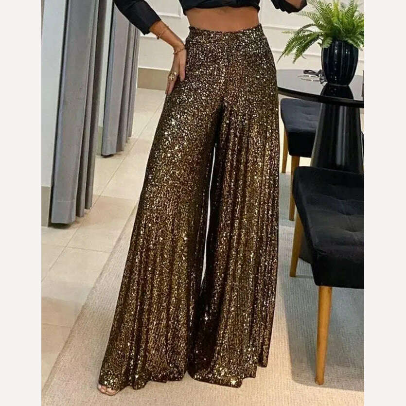 KIMLUD, High Waist Sequin Flared Wide leg Pants All-Match new fashion yk2 Women&#39;s Clothing, KIMLUD Womens Clothes