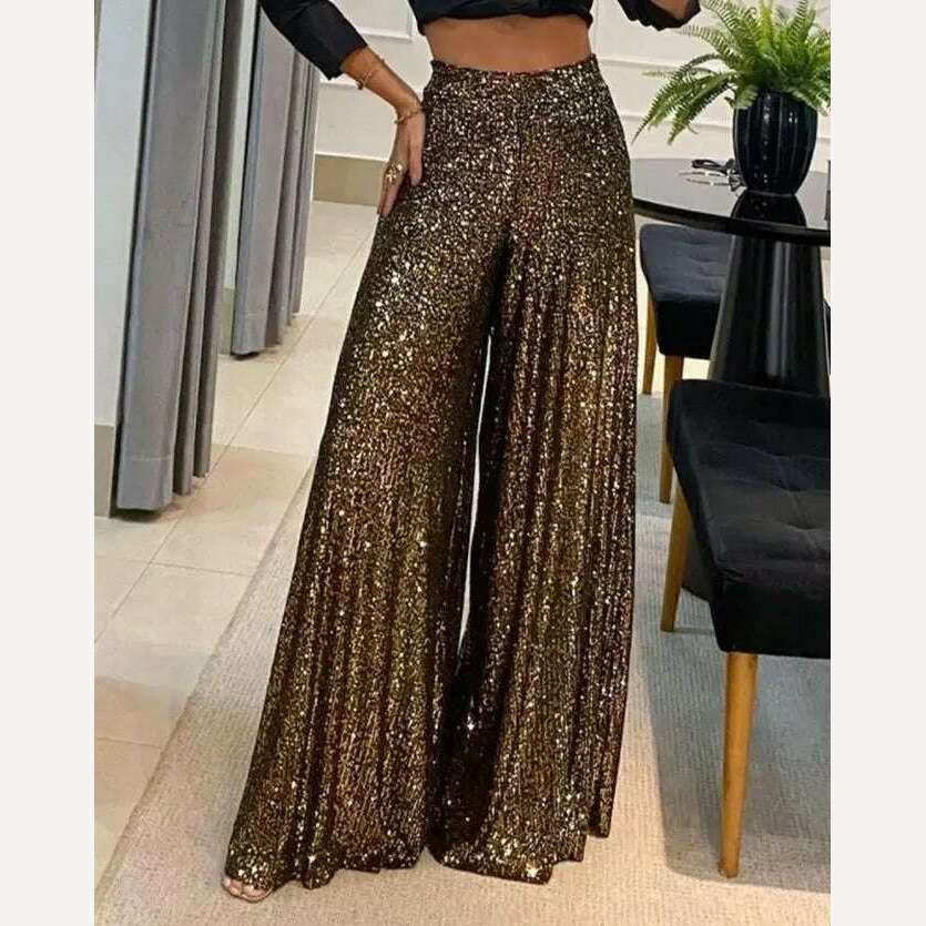 High Waist Sequin Flared Wide leg Pants All-Match new fashion yk2 Women&#39;s Clothing - KIMLUD