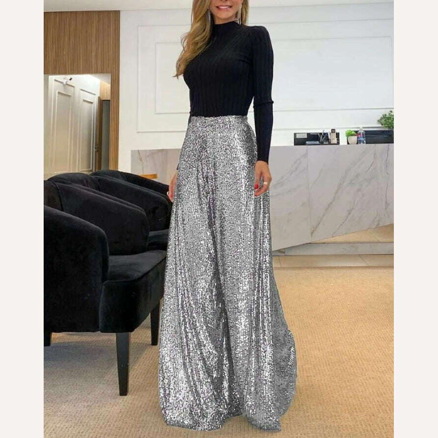 High Waist Sequin Flared Wide leg Pants All-Match new fashion yk2 Women&#39;s Clothing - KIMLUD