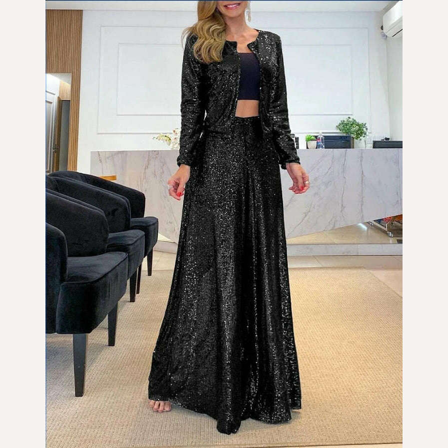 High Waist Sequin Flared Wide leg Pants All-Match new fashion yk2 Women&#39;s Clothing - KIMLUD