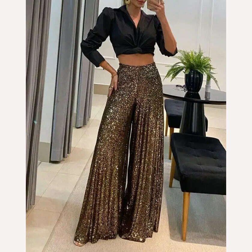 High Waist Sequin Flared Wide leg Pants All-Match new fashion yk2 Women&#39;s Clothing - KIMLUD