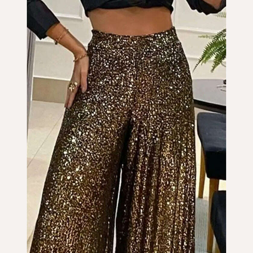 KIMLUD, High Waist Sequin Flared Wide leg Pants All-Match new fashion yk2 Women&#39;s Clothing, KIMLUD Womens Clothes