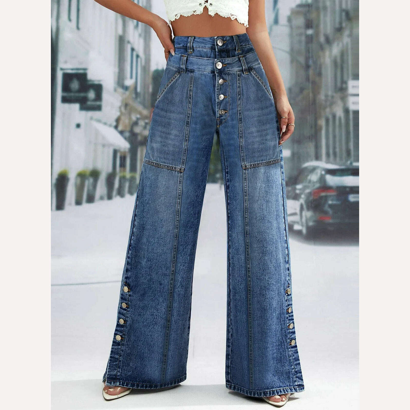 KIMLUD, High Waist Wide Leg Jeans Women Fashion High Waist Button Wide Leg Long Pants Loose Slimming Straight Trendy Long Pants, KIMLUD Womens Clothes