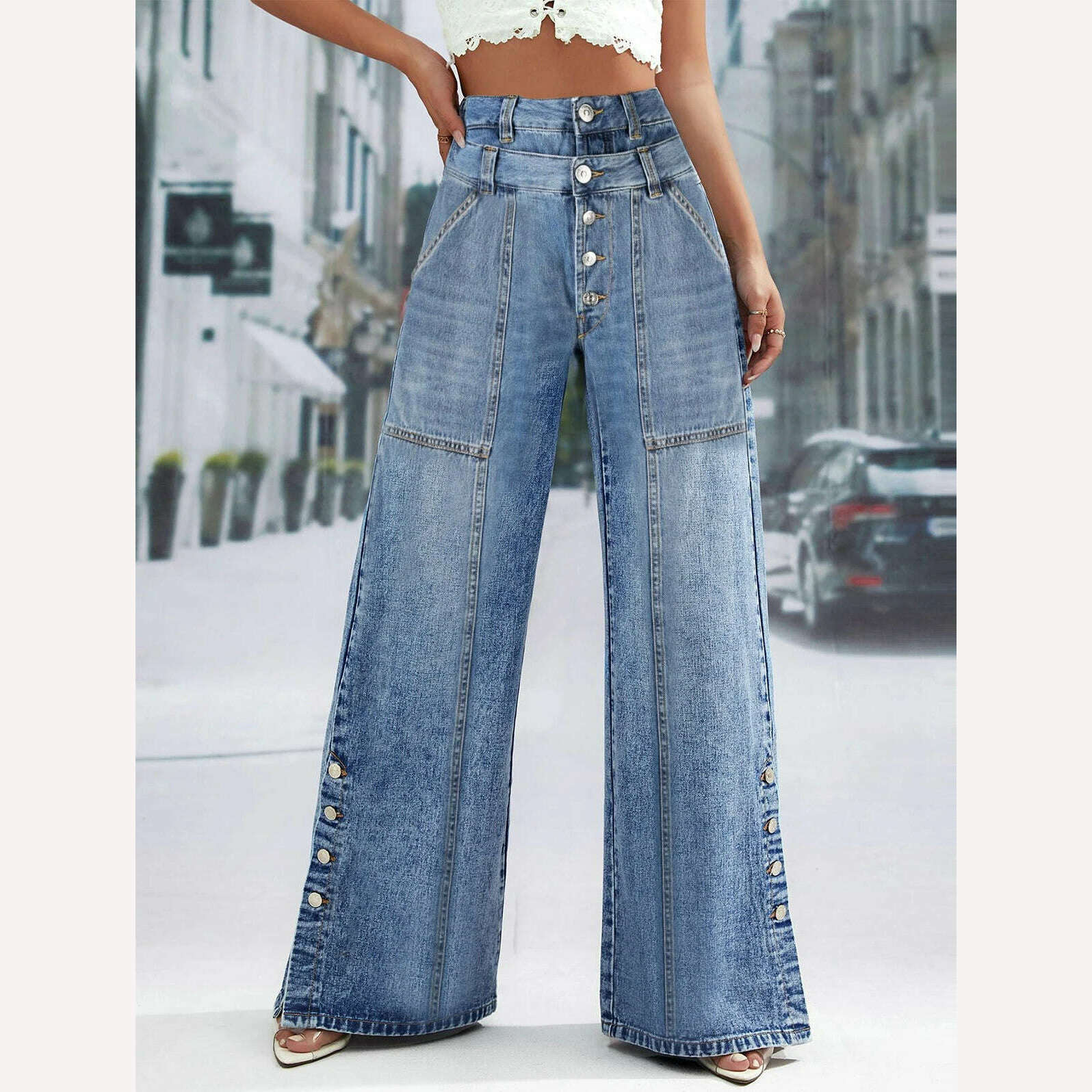 KIMLUD, High Waist Wide Leg Jeans Women Fashion High Waist Button Wide Leg Long Pants Loose Slimming Straight Trendy Long Pants, KIMLUD Womens Clothes