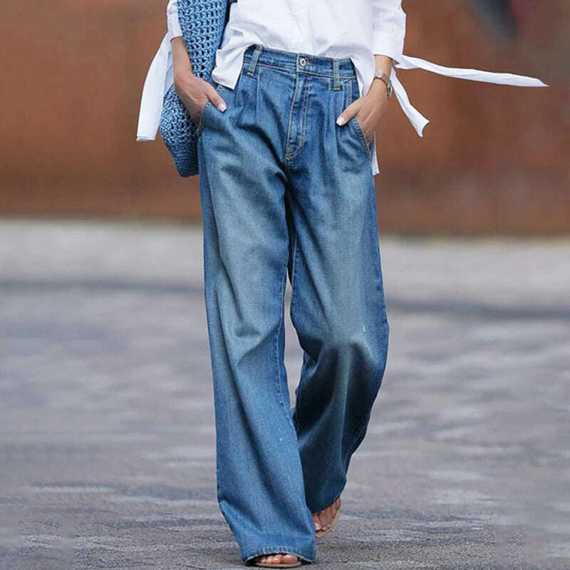 KIMLUD, High Waist Women Jeans 2022 Autumn New Fashion Retro Flared Pants Loose Casual Wide Leg Pants Women&#39;s Street Pants, KIMLUD Womens Clothes