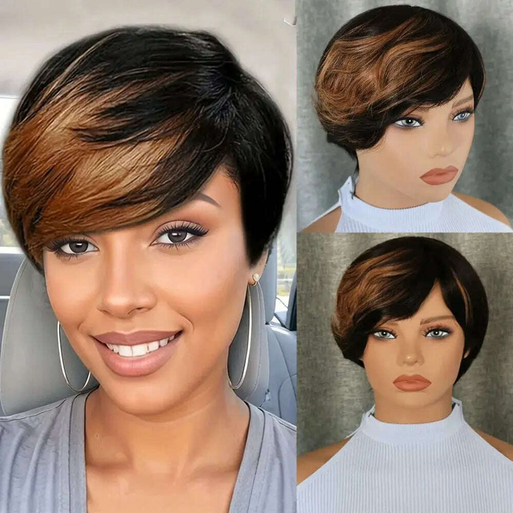 KIMLUD, Highlight Honey Blonde Colored Pixie Cut Wig With Bangs Brazilian Remy Human Hair Glueless Short Bob Full Machine Made Wigs, KIMLUD Womens Clothes