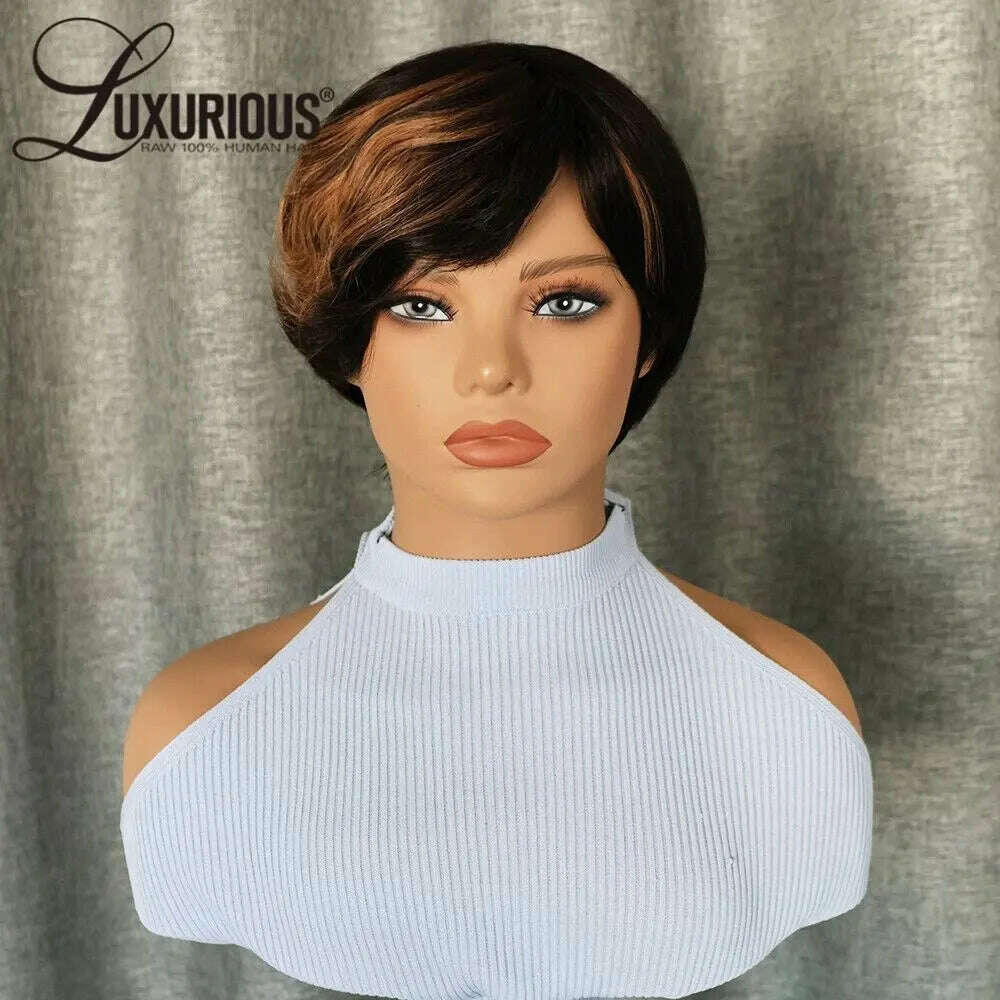 KIMLUD, Highlight Honey Blonde Colored Pixie Cut Wig With Bangs Brazilian Remy Human Hair Glueless Short Bob Full Machine Made Wigs, KIMLUD Womens Clothes