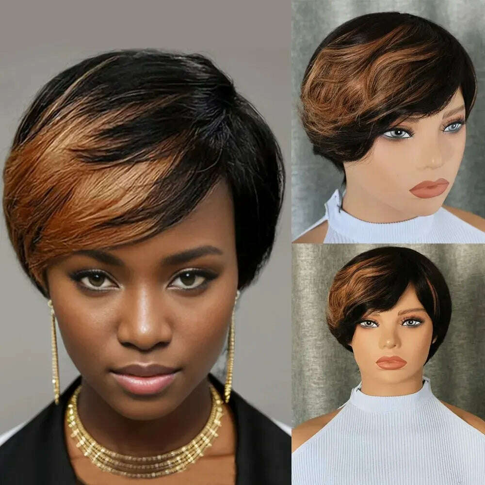 KIMLUD, Highlight Honey Blonde Colored Pixie Cut Wig With Bangs Brazilian Remy Human Hair Glueless Short Bob Full Machine Made Wigs, KIMLUD Womens Clothes