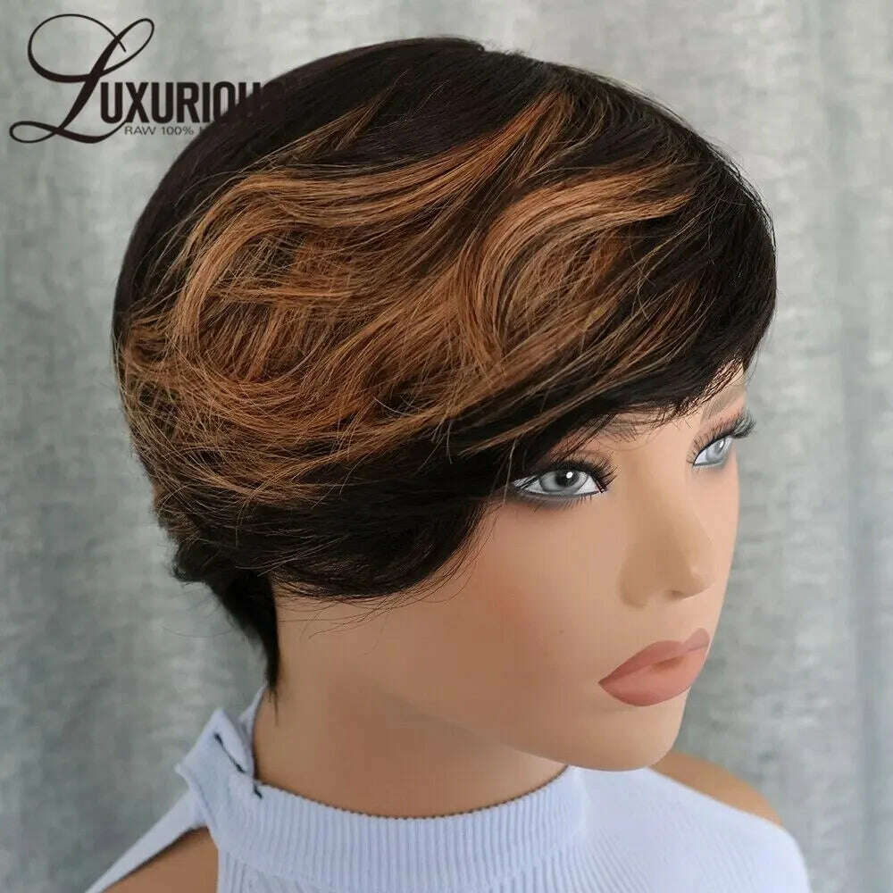 KIMLUD, Highlight Honey Blonde Colored Pixie Cut Wig With Bangs Brazilian Remy Human Hair Glueless Short Bob Full Machine Made Wigs, KIMLUD Womens Clothes