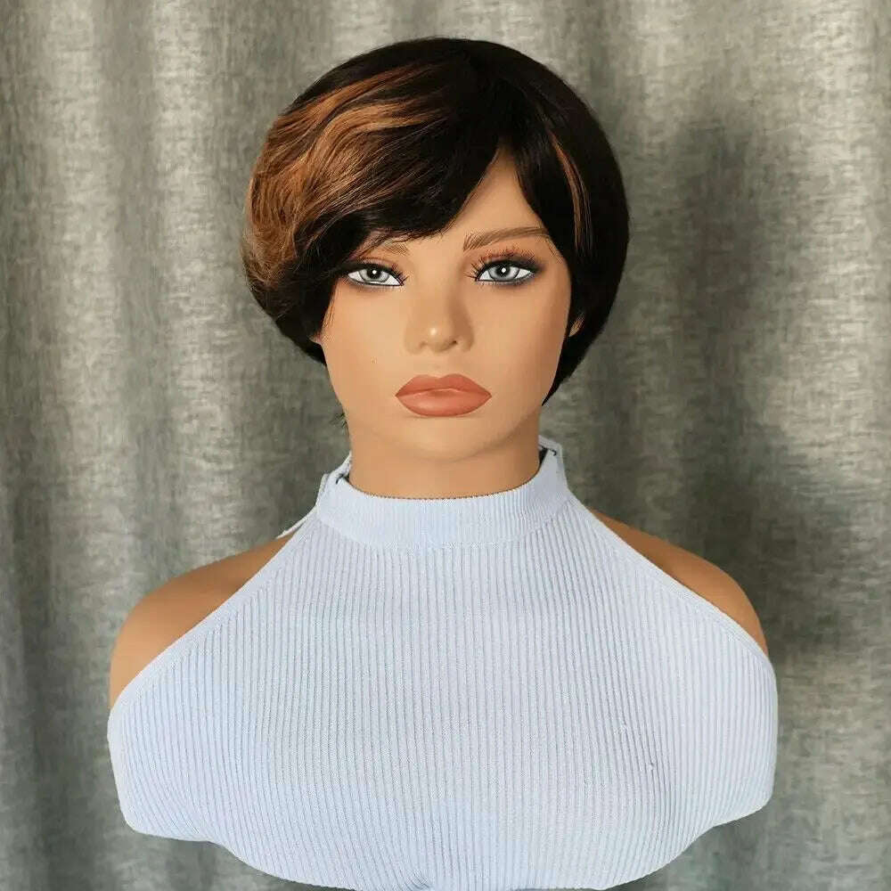KIMLUD, Highlight Honey Blonde Colored Pixie Cut Wig With Bangs Brazilian Remy Human Hair Glueless Short Bob Full Machine Made Wigs, 200 Density / Model Length / Highlight, KIMLUD Womens Clothes
