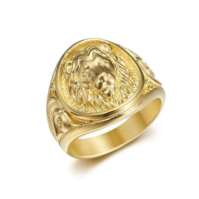 KIMLUD, Hip Hop Bling Gold Color Stainless Steel Male Lion Round Finger Rings for Men Rapper Jewelry Drop Shipping, KIMLUD Womens Clothes