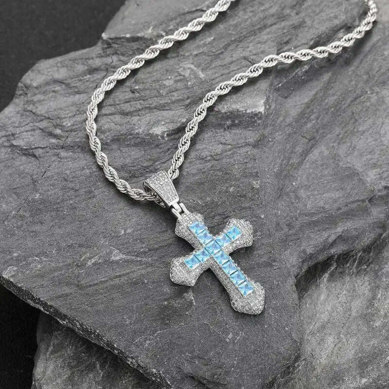 KIMLUD, Hip Hop Bling Ice Cubic Zirconia Cz Pendant Necklace Cross Pendant Men Women Rapper Rock Fashion Jewelry, Blue, KIMLUD APPAREL - Womens Clothes