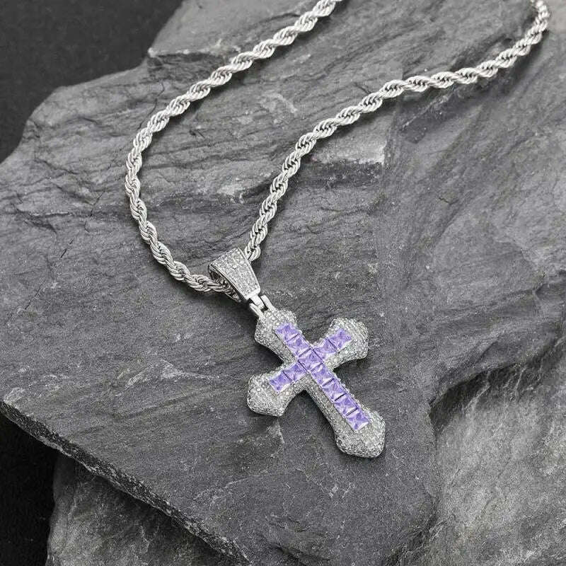 KIMLUD, Hip Hop Bling Ice Cubic Zirconia Cz Pendant Necklace Cross Pendant Men Women Rapper Rock Fashion Jewelry, Purple, KIMLUD APPAREL - Womens Clothes