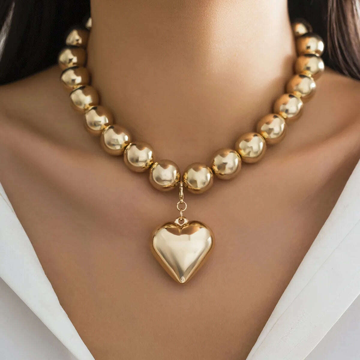 Hip-hop Exaggerated Gothic CCB Gold-plated Beads Necklace for Women Party Fashion Steampunk Love Heart Pendant Choker Jewelry - KIMLUD