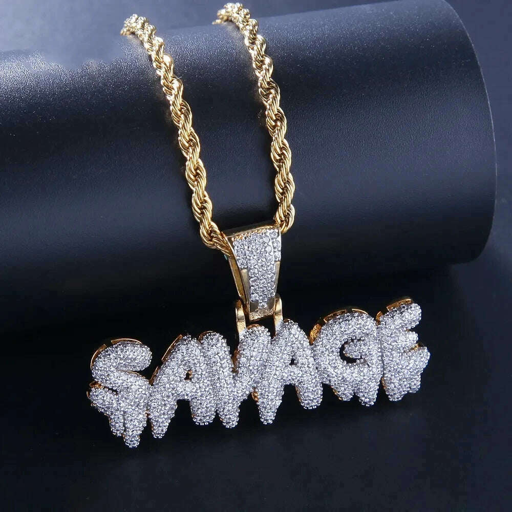 Hip Hop Ice Out Alphabet Savage Pendant Necklace Cool Men Women Hip Hop Rock Rap Jewelry Gifts - KIMLUD