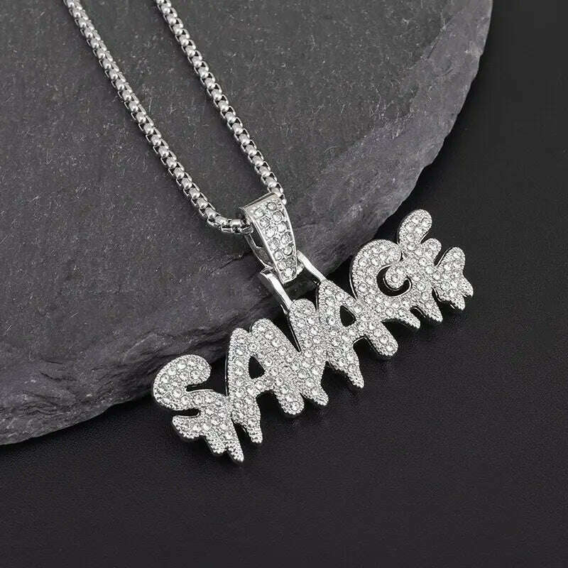KIMLUD, Hip Hop Ice Out Alphabet Savage Pendant Necklace Cool Men Women Hip Hop Rock Rap Jewelry Gifts, KIMLUD Womens Clothes