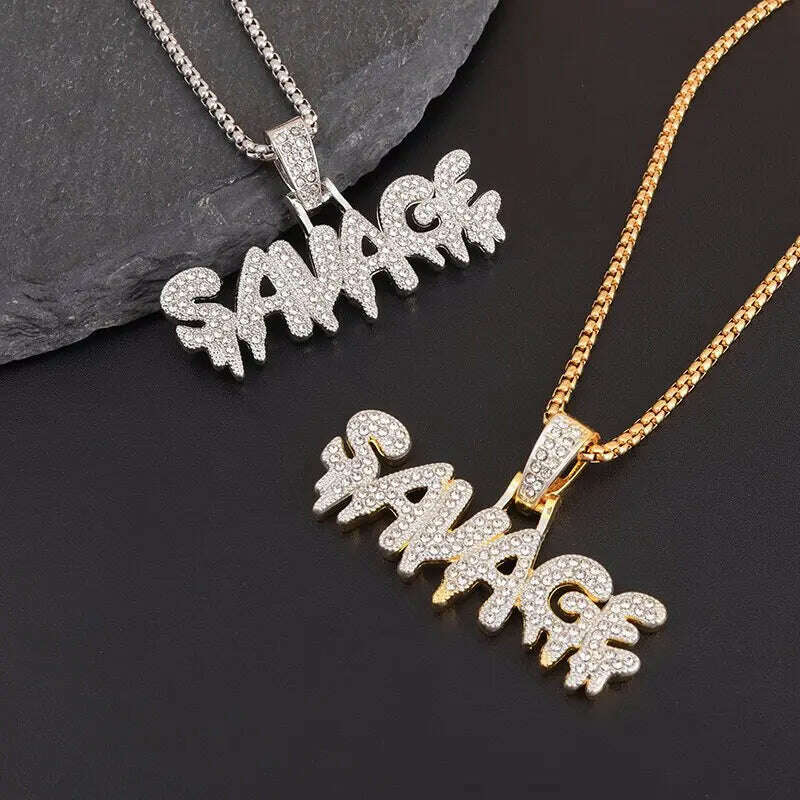 Hip Hop Ice Out Alphabet Savage Pendant Necklace Cool Men Women Hip Hop Rock Rap Jewelry Gifts - KIMLUD