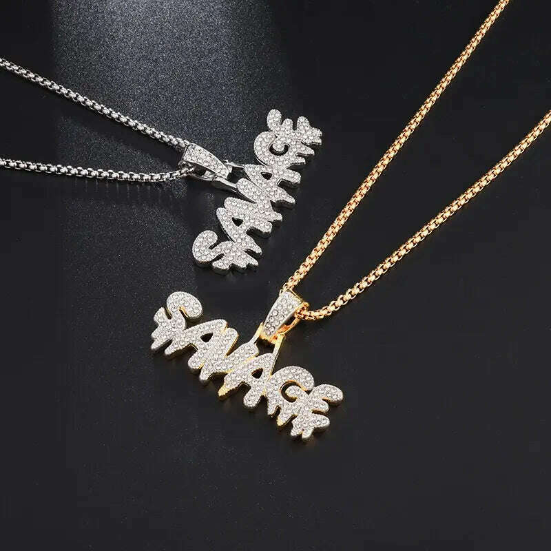 Hip Hop Ice Out Alphabet Savage Pendant Necklace Cool Men Women Hip Hop Rock Rap Jewelry Gifts - KIMLUD
