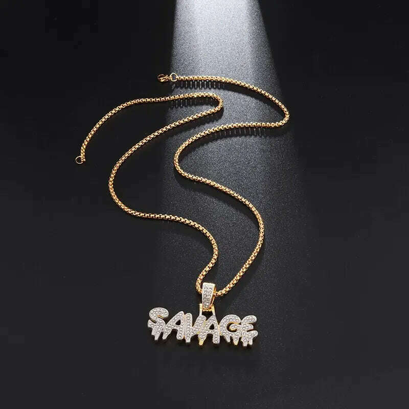 Hip Hop Ice Out Alphabet Savage Pendant Necklace Cool Men Women Hip Hop Rock Rap Jewelry Gifts - KIMLUD
