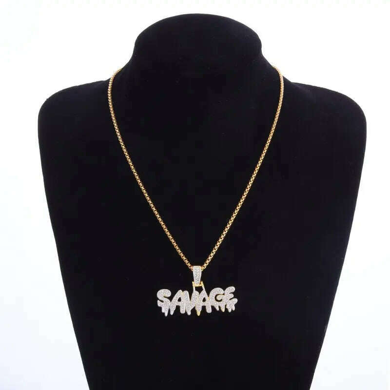 KIMLUD, Hip Hop Ice Out Alphabet Savage Pendant Necklace Cool Men Women Hip Hop Rock Rap Jewelry Gifts, KIMLUD Womens Clothes