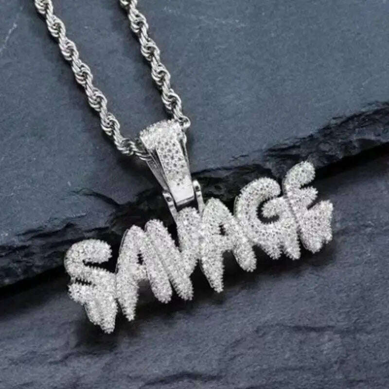 Hip Hop Ice Out Alphabet Savage Pendant Necklace Cool Men Women Hip Hop Rock Rap Jewelry Gifts - KIMLUD