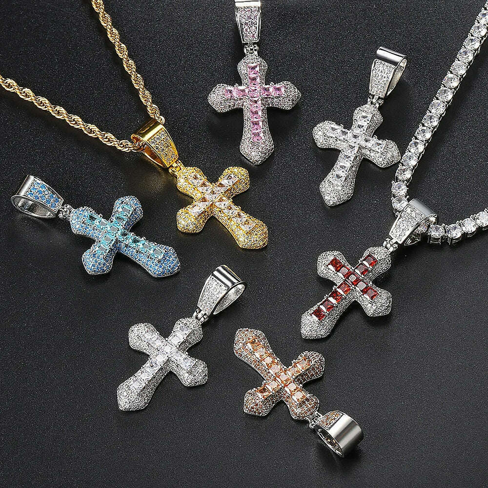 KIMLUD, Hip Hop Iced Out AAA+ Cubic Zirconia Cross Pendant Necklace Rope Stainless Steel Chain on Neck Men Male Punk Rock Jewelry OHP155, KIMLUD Womens Clothes