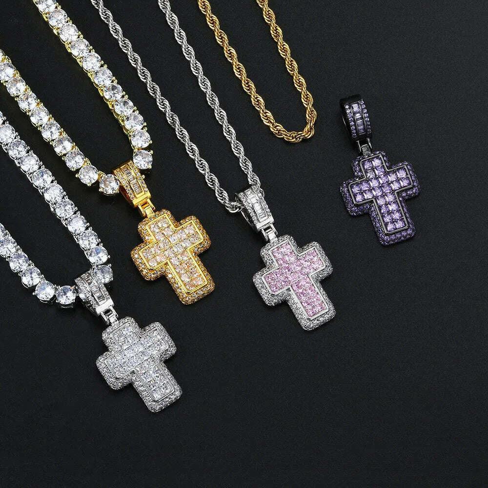 KIMLUD, Hip Hop Iced Out AAA+ Cubic Zirconia Cross Pendant Necklace Rope Stainless Steel Chain on Neck Men Male Punk Rock Jewelry OHP155, KIMLUD Womens Clothes