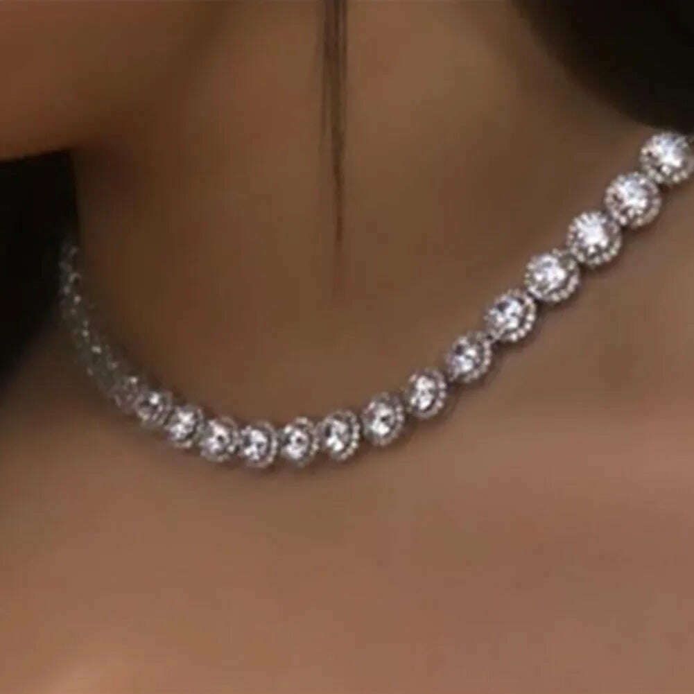 KIMLUD, Hip Hop Iced Out Clustered Tennis Chain Choker Necklace for Women Geometric Round Heart Square Crystal Cuban Link Chain Jewelry, KIMLUD Womens Clothes